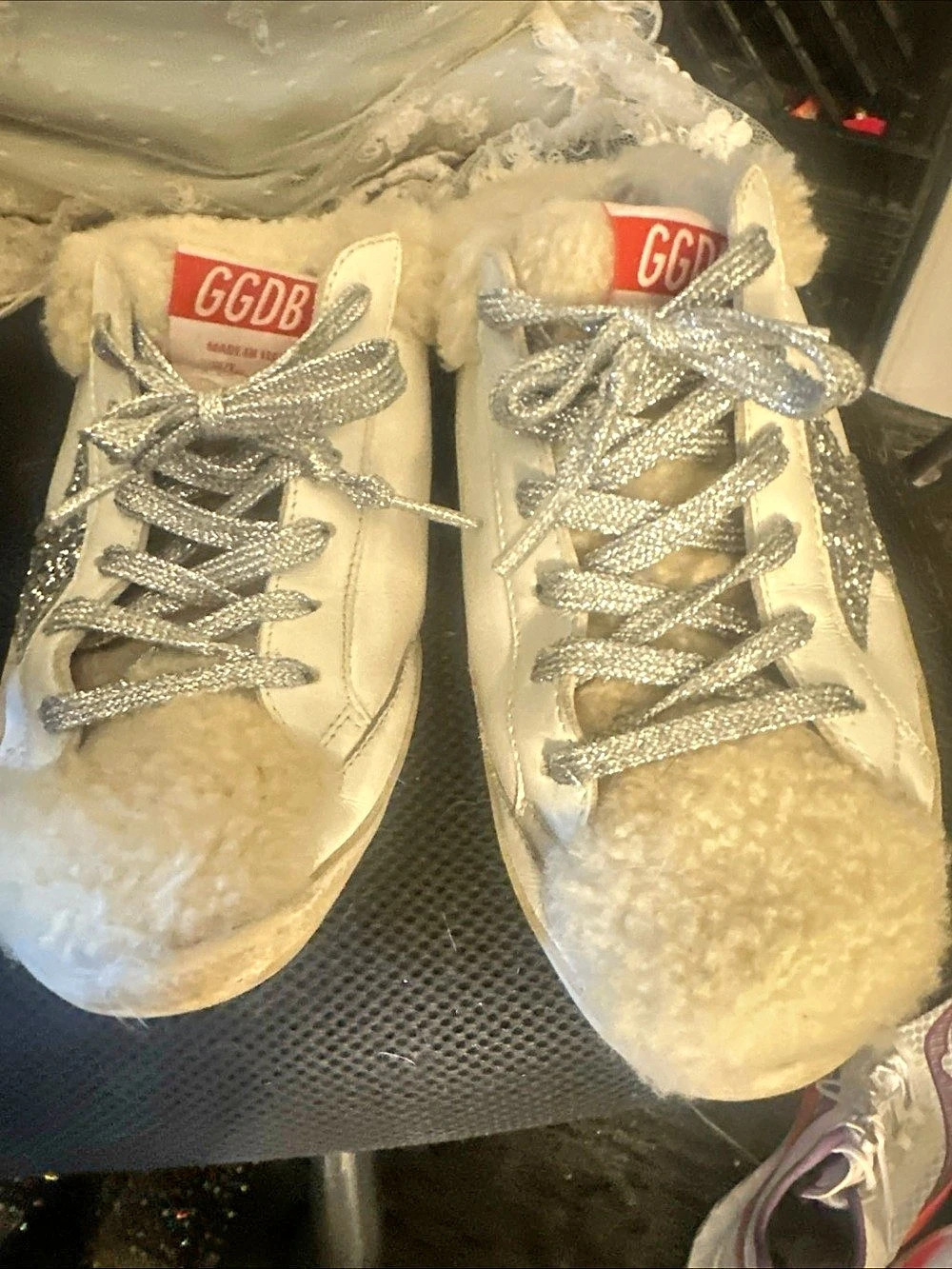 Golden Goose Super-Star Sabot Fuzzy Trim Sneakers White & Silver